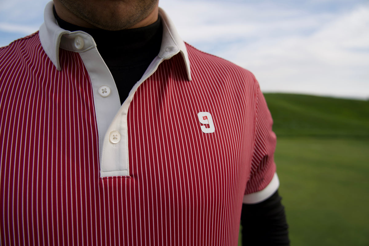 Red candy stripe polo with the number 9 logo